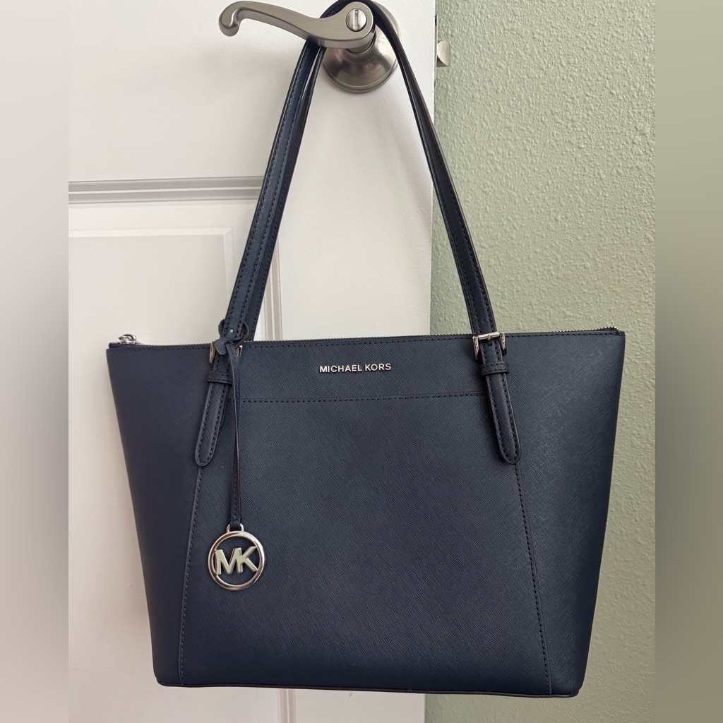 Michael Kors Navy Saffiano Leather Tote With Mk Charm